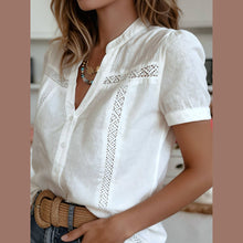 Load image into Gallery viewer, French Western Ecru Short Sleeve Lace Spliced Shirt
