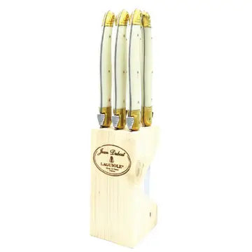 Jean Dubost Set of 6 Steak Knives - Ivory in Wood Block