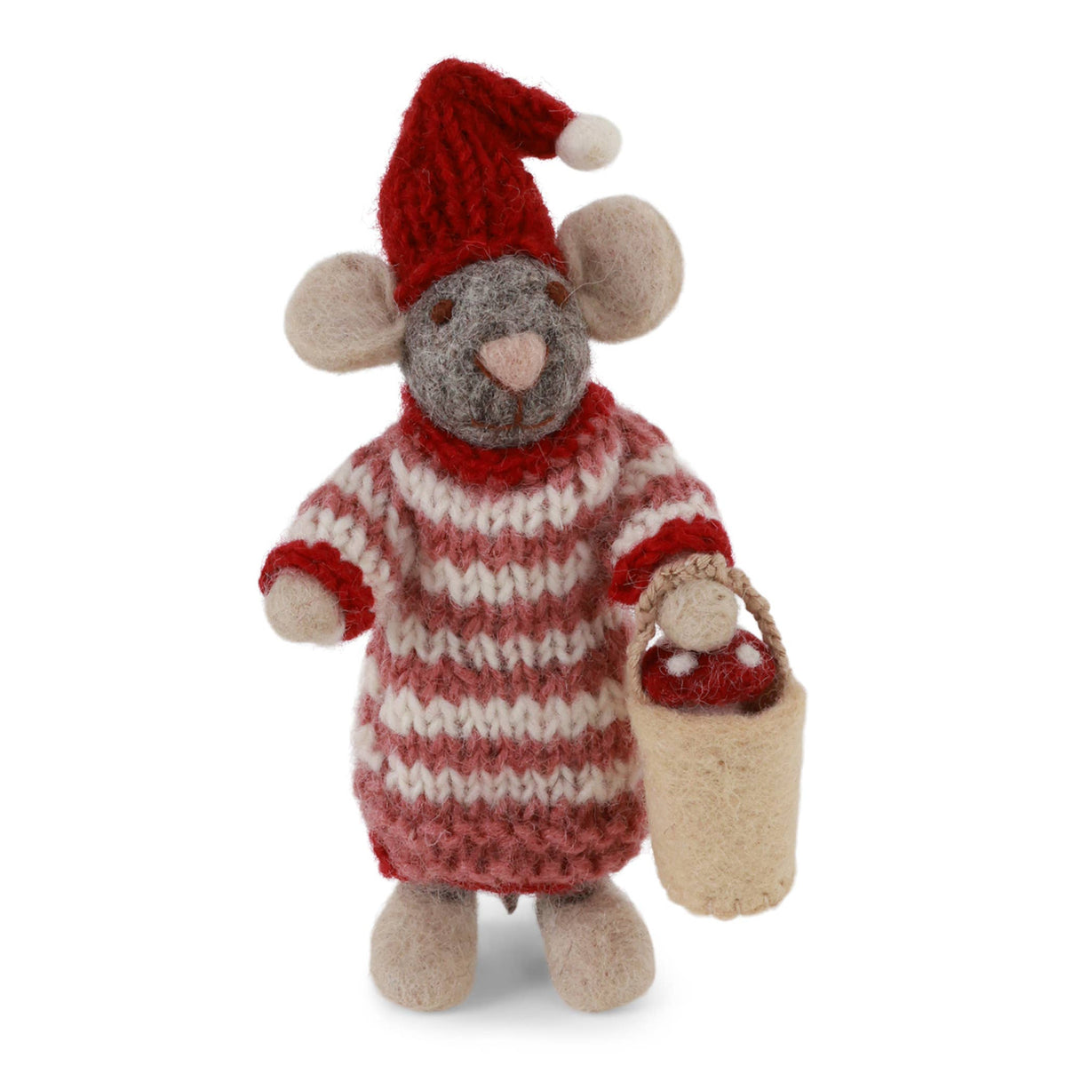 Small Grey Girly Mouse in Dress w/Mushroom in Bucket