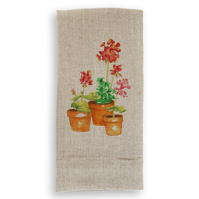 French Graffiti Natural Linen Guest Towel - Red Geranium in Pots