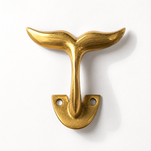 Load image into Gallery viewer, Brass Whale Tail Wall Hook (3 Sizes) – Coastal Bathroom Towel Hook, Nautical Wall Hook, Entryway Coat Hook, Beach House Decor

