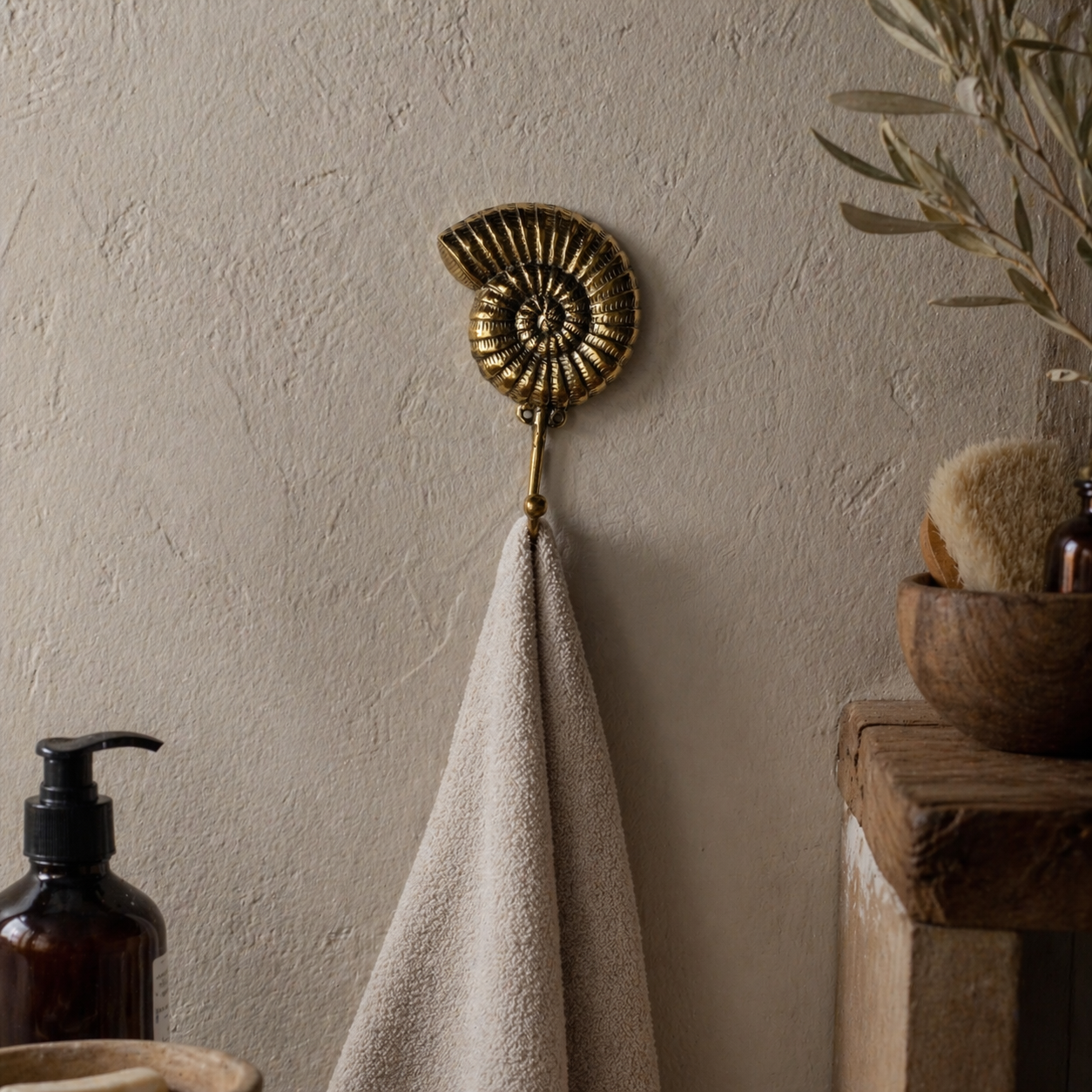 Brass Ammonite Fossil Wall Hook – Coastal Shell Hook, Beach House Bathroom Towel Hanger