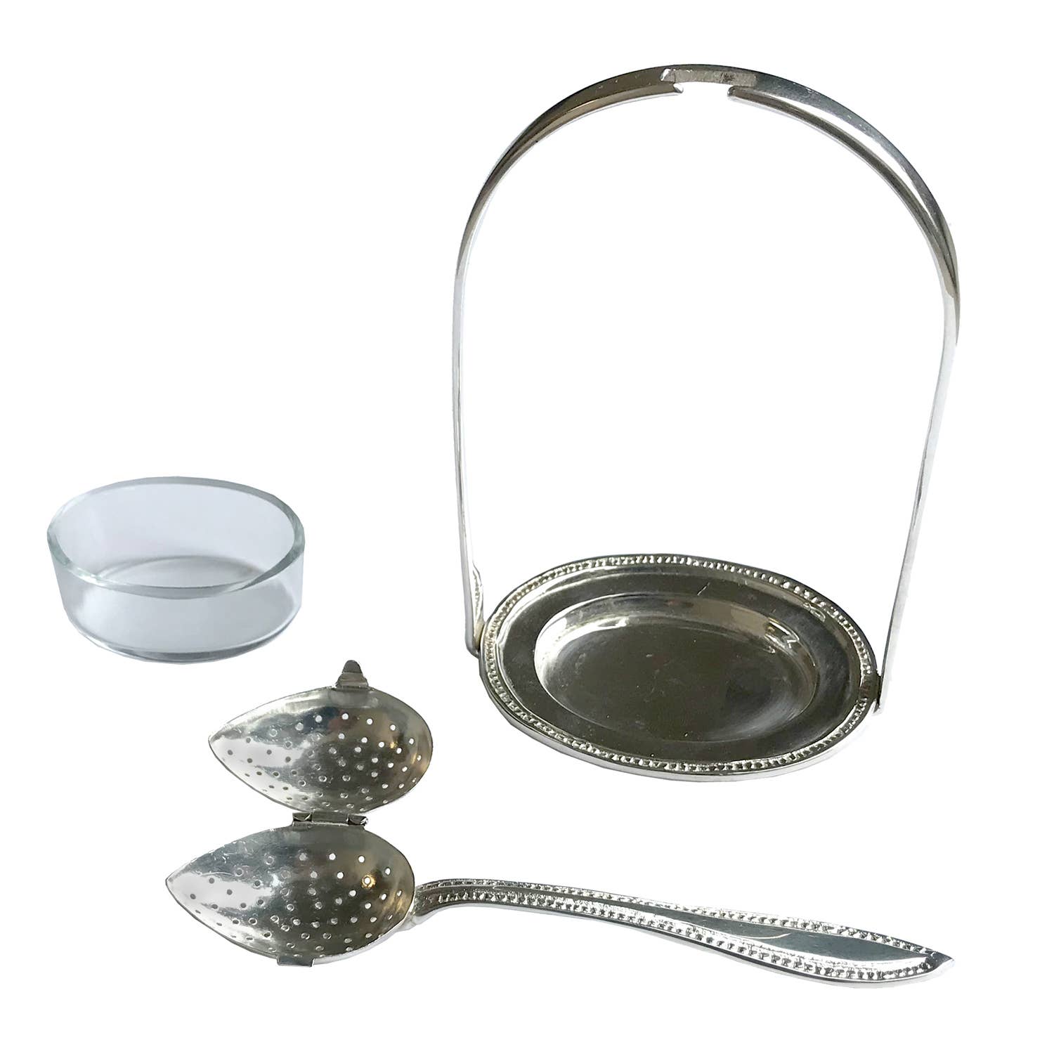 Silver-Plated Tea Strainer Spoon & Stand, 7”