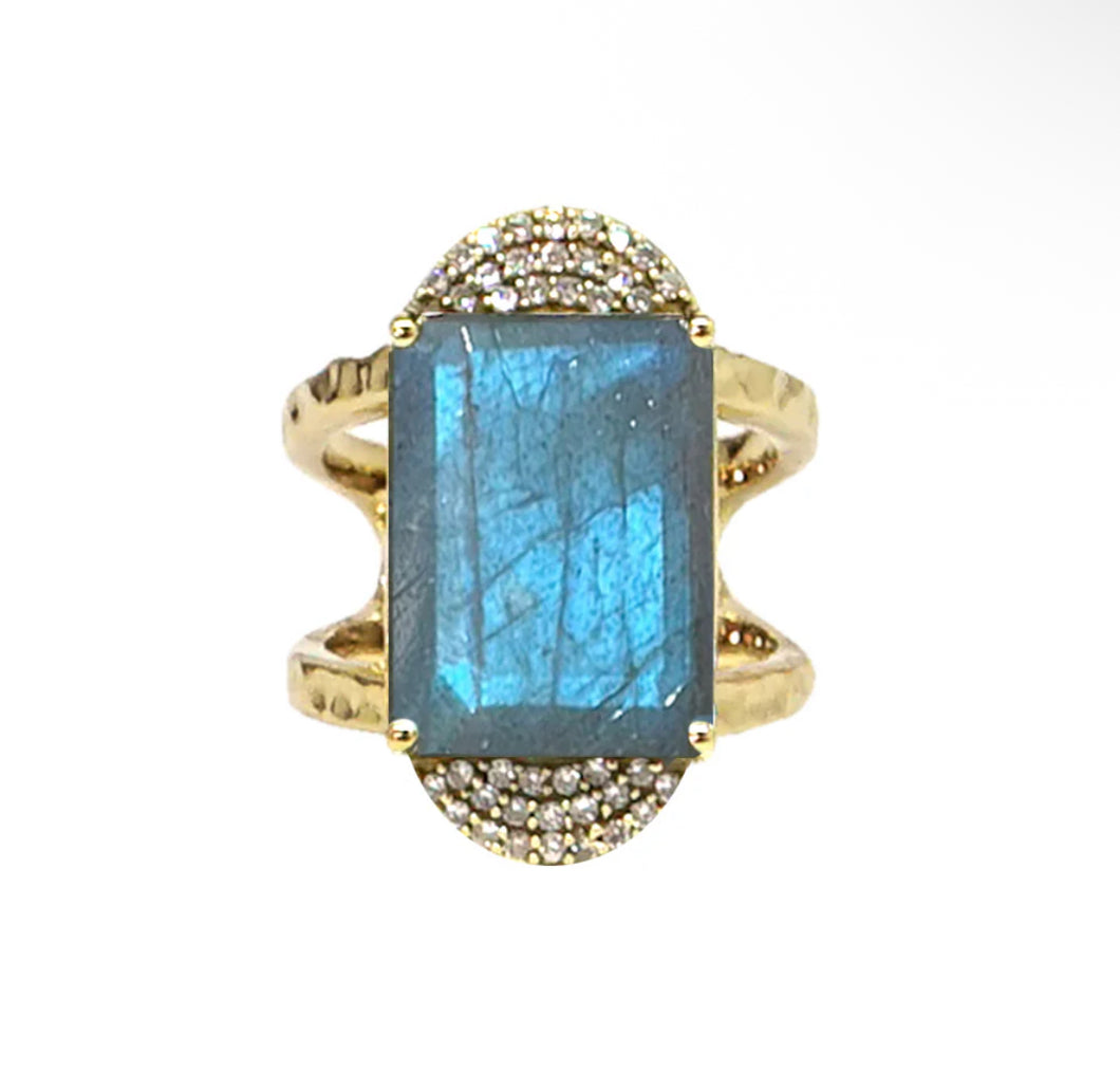 TAT2 - Gold Kosor Emerald Cut Labradorite & Crystal Ring