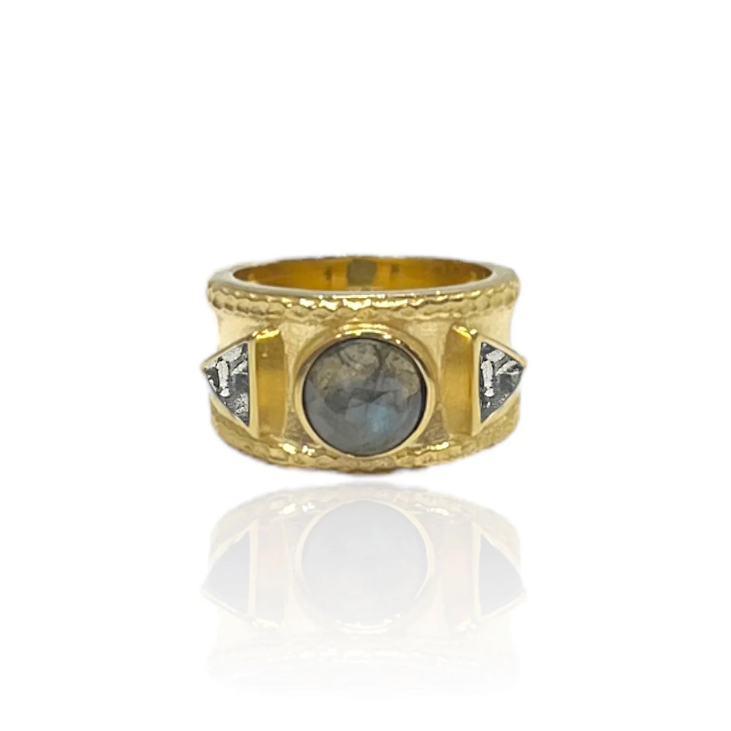 TAT2 - Gold Band Labradorite & Coin Tre Ring