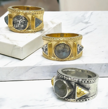 Load image into Gallery viewer, TAT2 - Gold Band Labradorite &amp; Coin Tre Ring
