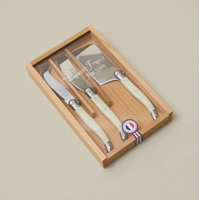 Be Home - Laguiole 3 Piece Mini Cheese Utensil Set, Ivory in Wood Box with Acrylic Lid