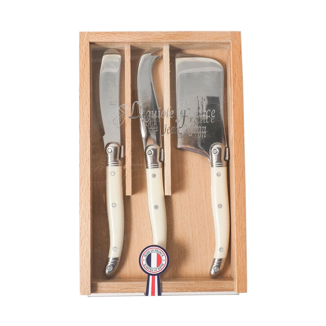 Be Home - Laguiole 3 Piece Mini Cheese Utensil Set, Ivory in Wood Box with Acrylic Lid