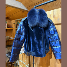 Load image into Gallery viewer, Navy Lamb Shearling + Puffy Fox Coat
