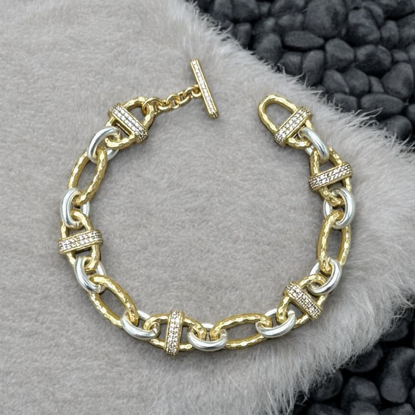 Gold two-tone pave Ravelle Thin Hammered Chain Bracelet