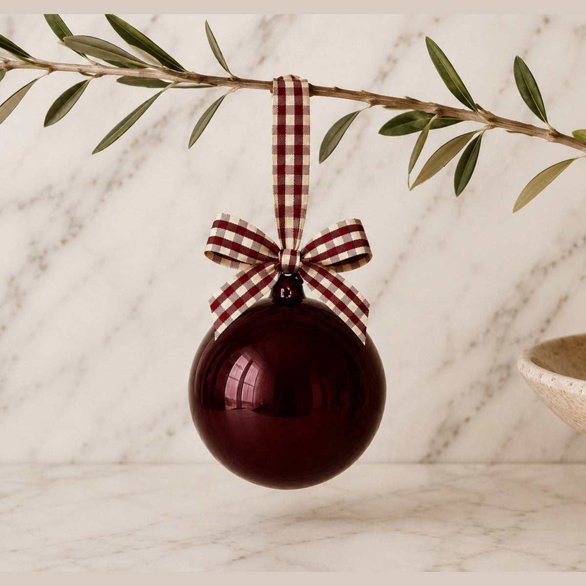 5" Glass Globe Ornament, Merlot Plaid