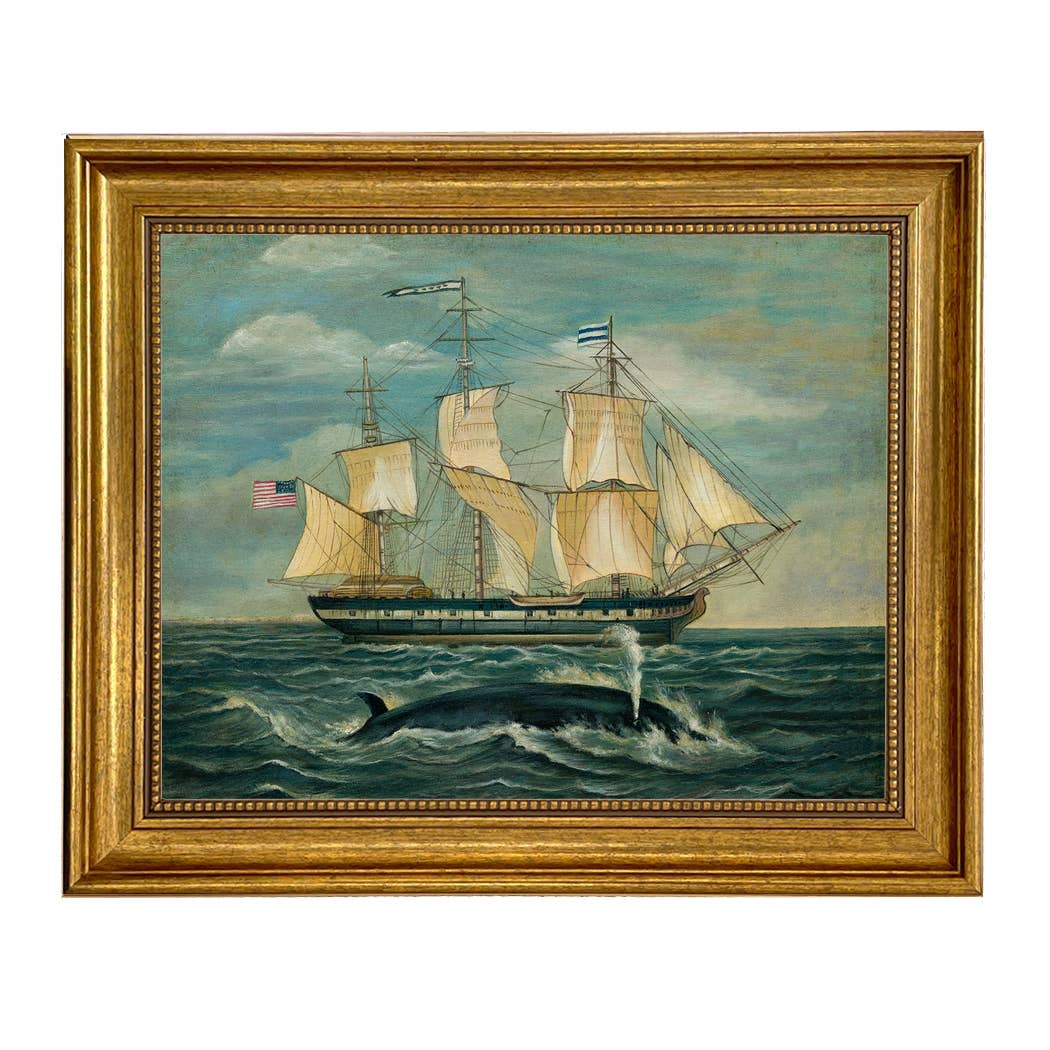 American Whaling Ship with Sperm Whale Vintage Painting Print