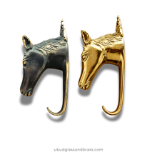 Load image into Gallery viewer, Brass Horse Wall Hook – Equestrian Tack Room &amp; Nursery Decor Hook
