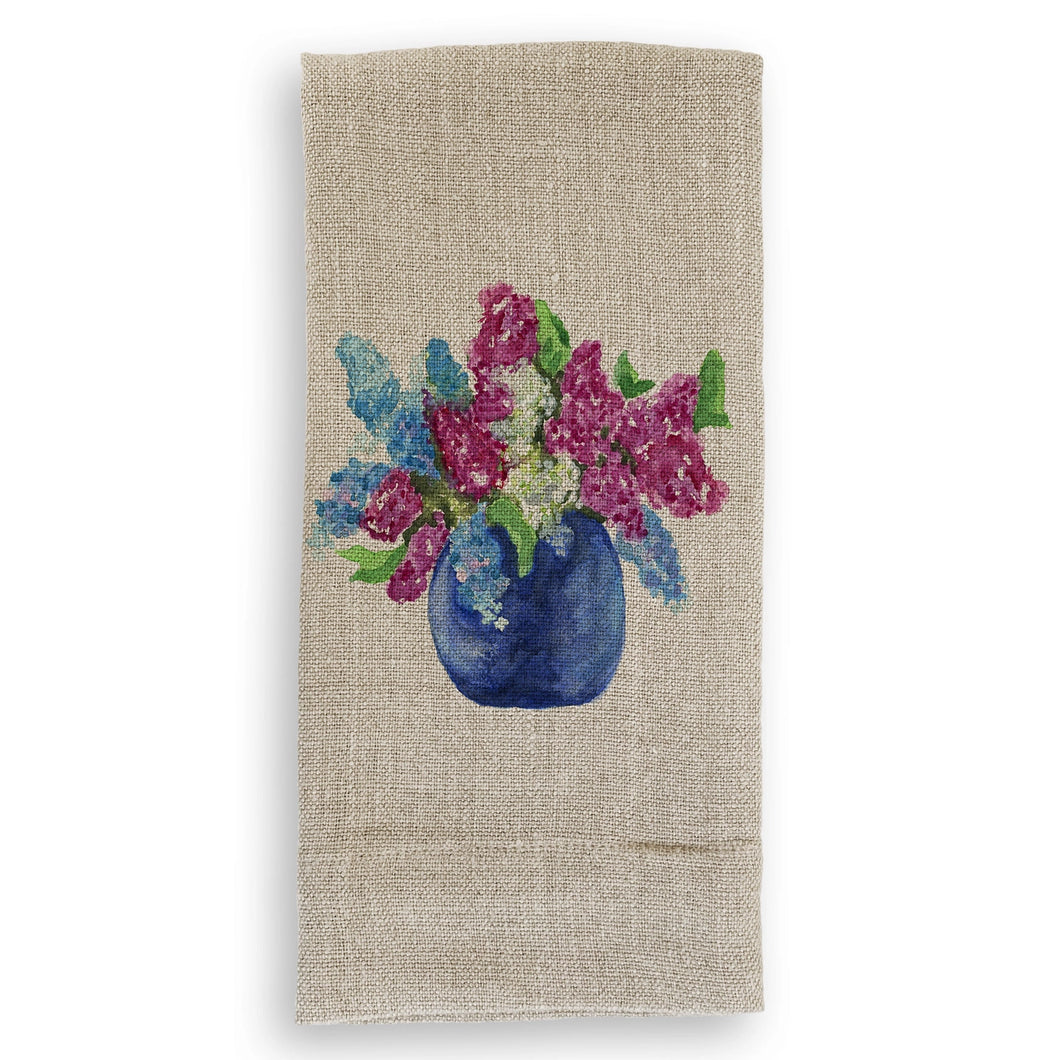 French Graffiti Natural Linen Guest Towel - Hyacinth Flowers in Blue Vase / Pot