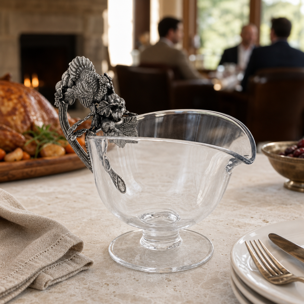 Hand Blown Glass Gravy Boat Pewter Harvest Turkey