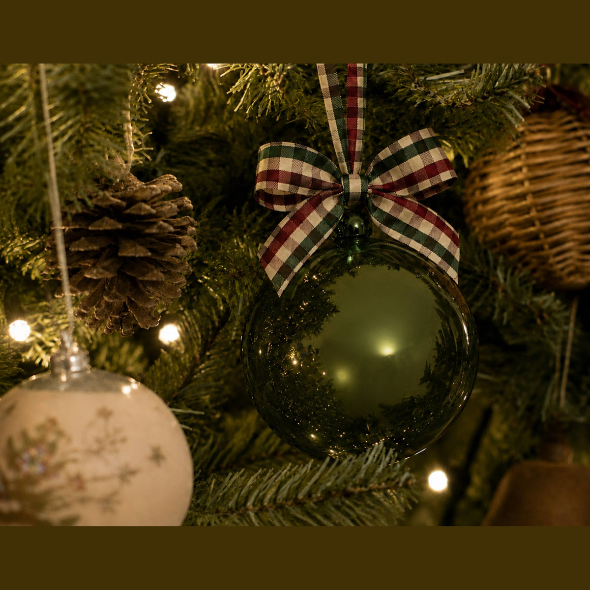 5" Glass Globe Ornament, Spruce Plaid