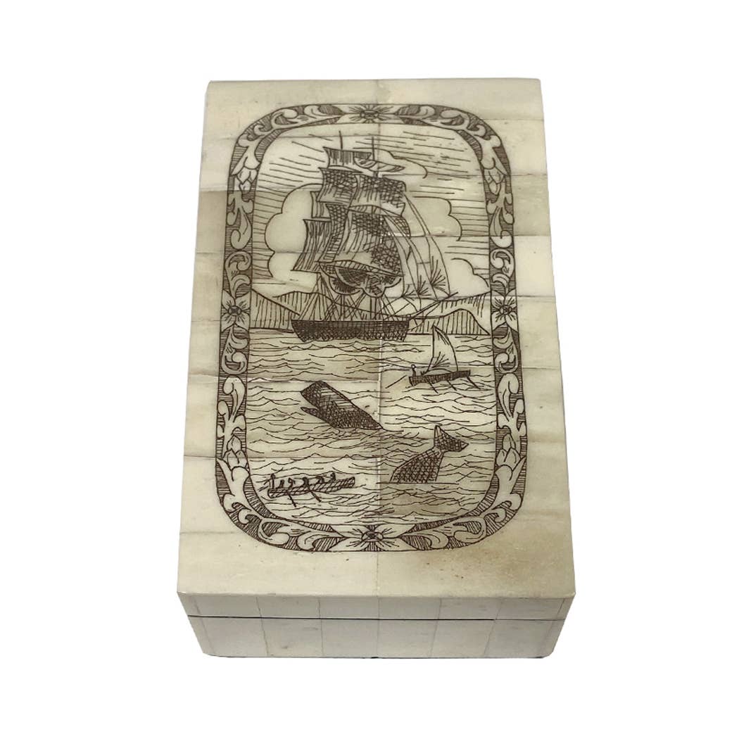 Whaling Adventure Etched Vintage Scrimshaw Bone Box, 5-1/4”
