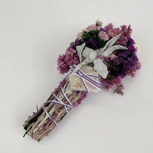 Load image into Gallery viewer, 6&quot; Pink &amp; Purple Floral Smudge Wand w/ Sage &amp; Quartz Crystal
