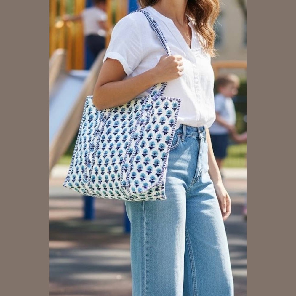 Hydrangea Quilted Tote Bag-Blue