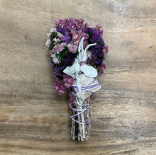 Load image into Gallery viewer, 6&quot; Pink &amp; Purple Floral Smudge Wand w/ Sage &amp; Quartz Crystal
