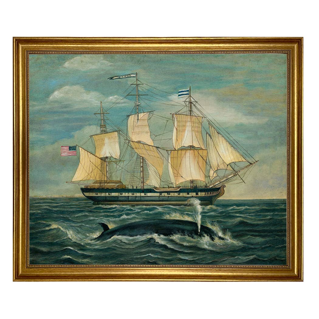 American Whaling Ship with Sperm Whale Vintage Painting Print