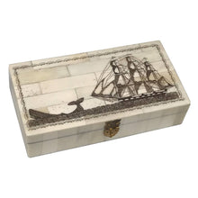 Load image into Gallery viewer, Engraved Whale Chase Scrimshaw Bone Box, 6-1/4”
