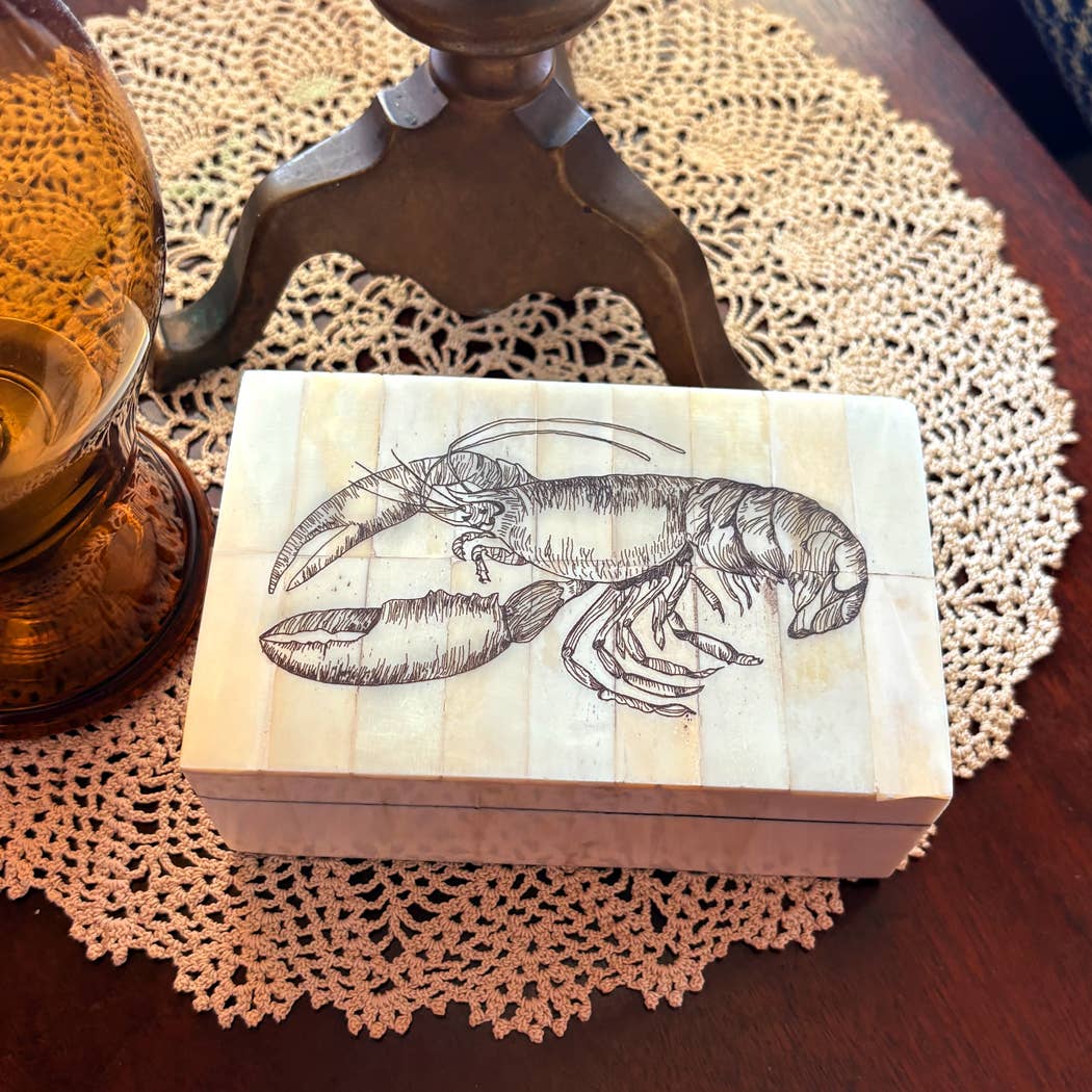 Etched Lobster Vintage Scrimshaw Bone Box, 5-1/4”