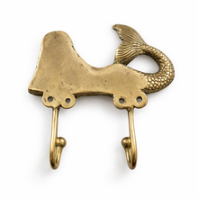 Load image into Gallery viewer, Brass Mermaid Double Wall Hook – Coastal Bathroom Towel Hook, Nautical Beach House Decor
