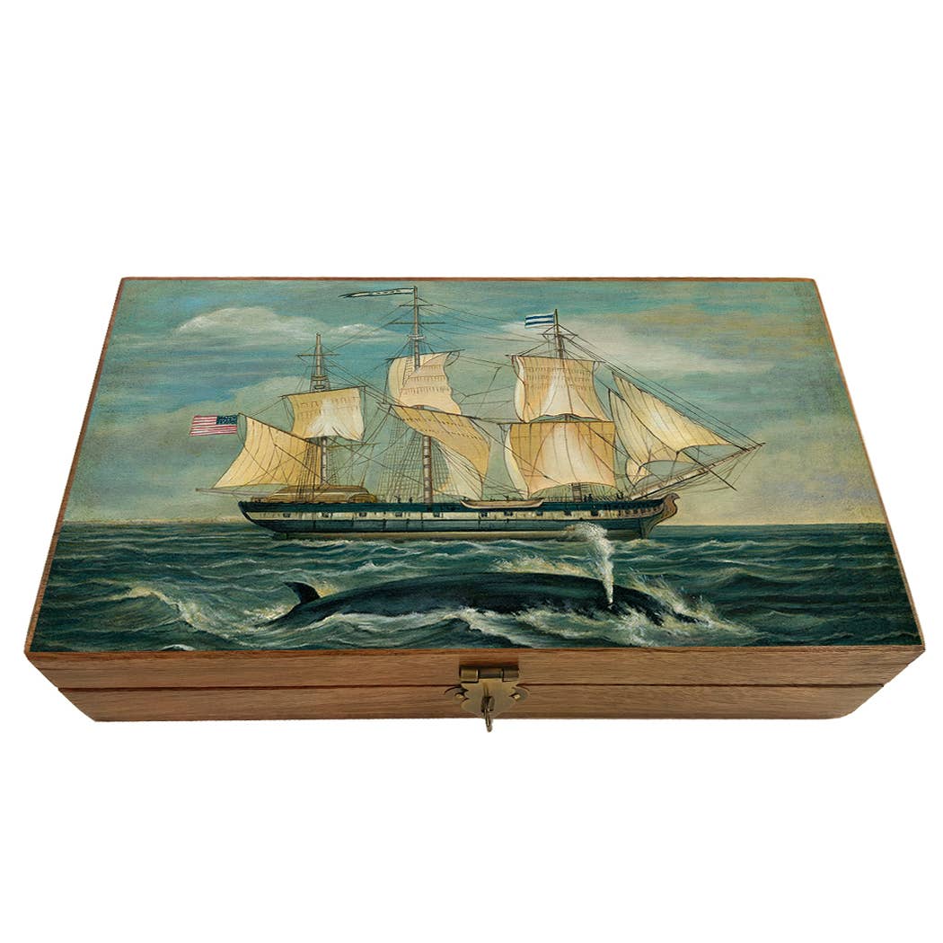 American Whaling Ship & Sperm Whale Vintage Wood Trinket Box
